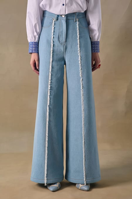 Pocketful Of Cherrie_Blue Denim Light Washed Wide Leg Pants _Online_at_Aza_Fashions