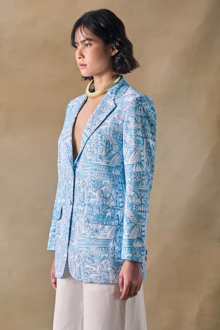 Pocketful Of Cherrie_Blue Shantoon Hand Drawn Landscape Blazer _Online_at_Aza_Fashions