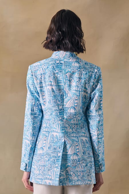 Pocketful Of Cherrie Hand Drawn Blue Landscape Blazer 