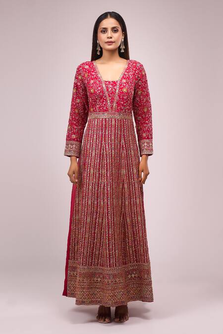 Shop_Samyukta Singhania_Pink Georgette Embroidery, Sequins Square Neck Hand Anarkali Set_Online_at_Aza_Fashions