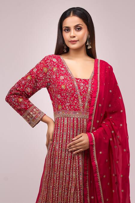 Samyukta Singhania_Pink Georgette Embroidery, Sequins Square Neck Hand Anarkali Set_at_Aza_Fashions