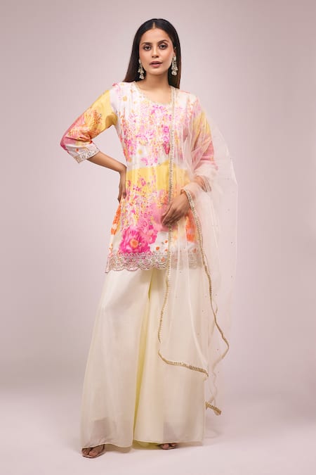 Shop Samyukta Singhania White Chinon, Silk Embroidery, Sequins Round Neck Floral Kurta Palazzo Set Online at Aza Fashions Shop_Samyukta Singhania_White Chinon, Silk Embroidery, Sequins Round Neck Floral Kurta Palazzo Set _Online_at_Aza_Fashions