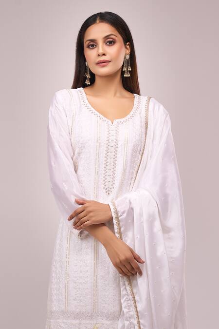 Samyukta Singhania_White Chinon, Silk Embroidery, Sequins Round Neck Kurta Palazzo Set_Online_at_Aza_Fashions