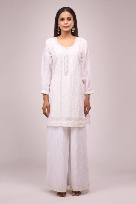 Buy_Samyukta Singhania_White Chinon, Silk Embroidery, Sequins Round Neck Kurta Palazzo Set_Online_at_Aza_Fashions