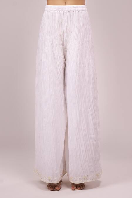 Samyukta Singhania_White Chinon, Silk Embroidery, Sequins Round Neck Kurta Palazzo Set_at_Aza_Fashions