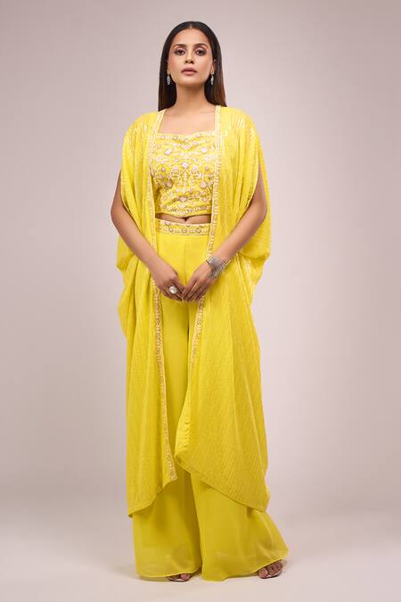 Samyukta Singhania_Yellow Georgette Sequins, Embroidery Square , Open Blouse And Palazzo Set_Online_at_Aza_Fashions
