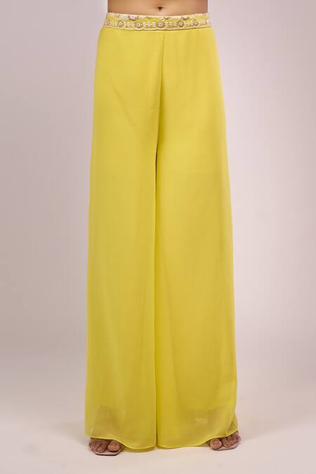 Buy_Samyukta Singhania_Yellow Georgette Sequins, Embroidery Square , Open Blouse And Palazzo Set_Online_at_Aza_Fashions
