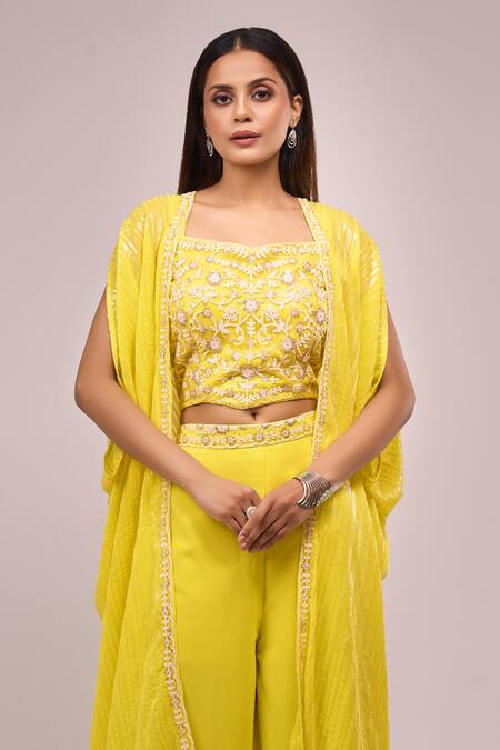 Shop_Samyukta Singhania_Yellow Georgette Sequins, Embroidery Square , Open Blouse And Palazzo Set_Online_at_Aza_Fashions