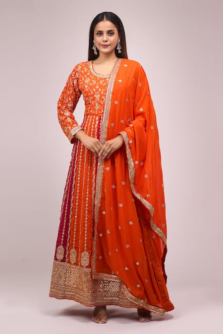 Buy_Samyukta Singhania_Orange Georgette Embroidery, Sequins Round Neck And Pink Anarkali Set _Online_at_Aza_Fashions