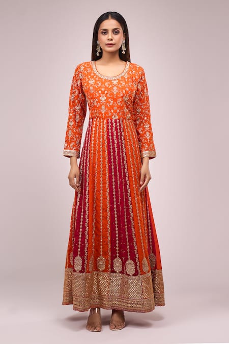 Shop_Samyukta Singhania_Orange Georgette Embroidery, Sequins Round Neck And Pink Anarkali Set _Online_at_Aza_Fashions