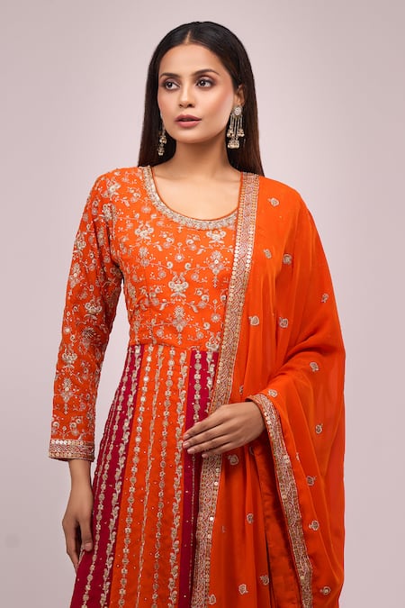 Samyukta Singhania_Orange Georgette Embroidery, Sequins Round Neck And Pink Anarkali Set _at_Aza_Fashions