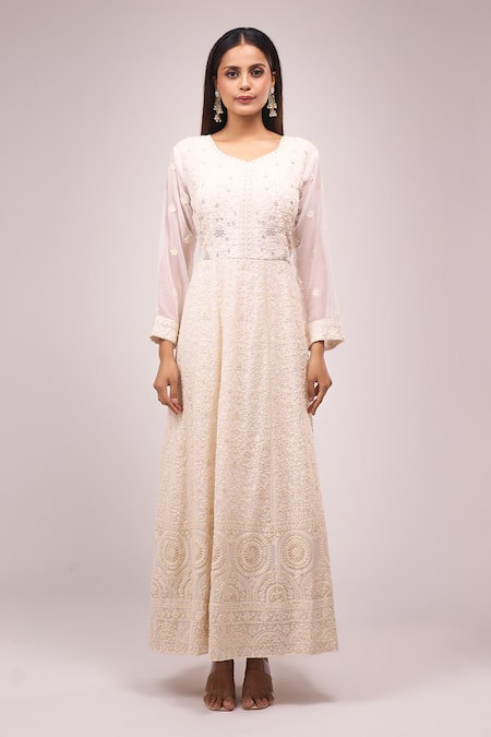 Shop Samyukta Singhania Off White Georgette Embroidery, Sequins Round Neck Anarkali Set Online at Aza Fashions Shop_Samyukta Singhania_Off White Georgette Embroidery, Sequins Round Neck Anarkali Set _Online_at_Aza_Fashions