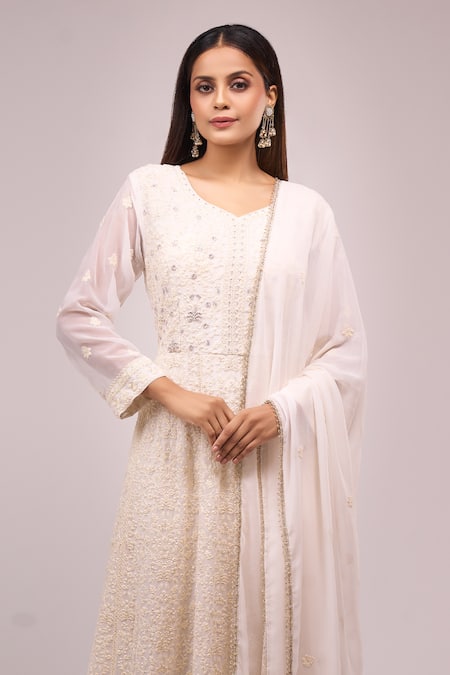 Samyukta Singhania Off White Georgette Embroidery, Sequins Round Neck Anarkali Set at Aza Fashions Samyukta Singhania_Off White Georgette Embroidery, Sequins Round Neck Anarkali Set _at_Aza_Fashions