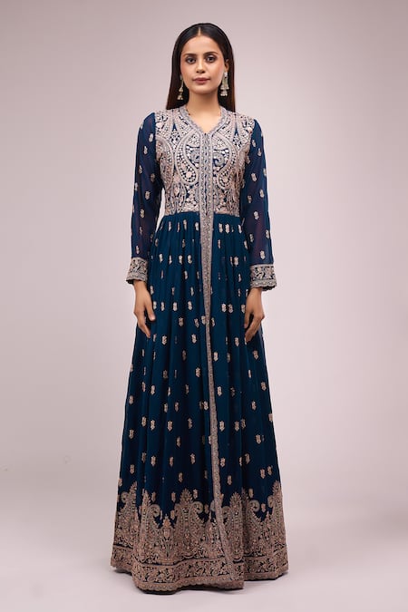 Buy_Samyukta Singhania_Blue Georgette Embroidery, Sequins V-neck Hand Anarkali Set_Online_at_Aza_Fashions