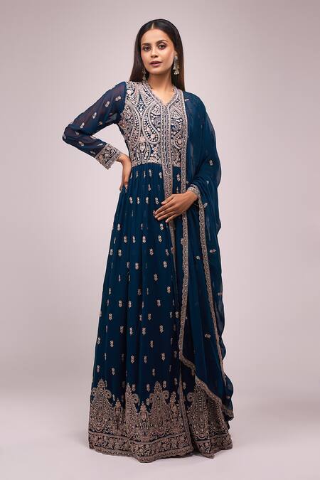 Shop_Samyukta Singhania_Blue Georgette Embroidery, Sequins V-neck Hand Anarkali Set_Online_at_Aza_Fashions