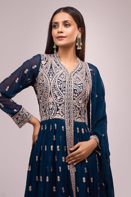 Samyukta Singhania_Blue Georgette Embroidery, Sequins V-neck Hand Anarkali Set_at_Aza_Fashions