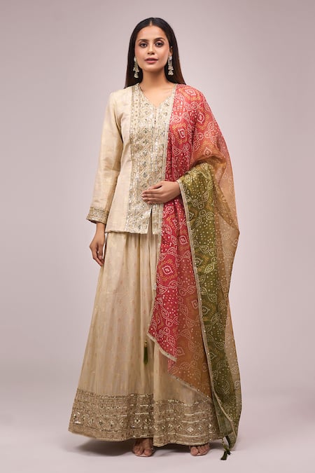 Naintara Bajaj_Beige Jacquard, Silk Sequins, Embroidery V-neck Lehenga Set With Dupatta _Online_at_Aza_Fashions