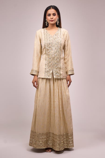 Buy_Naintara Bajaj_Beige Jacquard, Silk Sequins, Embroidery V-neck Lehenga Set With Dupatta _Online_at_Aza_Fashions