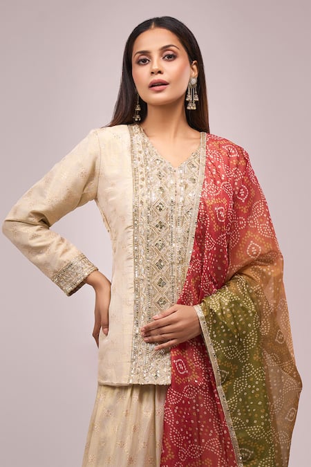 Shop_Naintara Bajaj_Beige Jacquard, Silk Sequins, Embroidery V-neck Lehenga Set With Dupatta _Online_at_Aza_Fashions