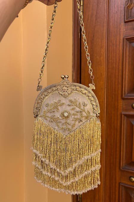 Be Chic_Gold Embroidery, Tassels Heer Potli With Sling Chain _Online_at_Aza_Fashions
