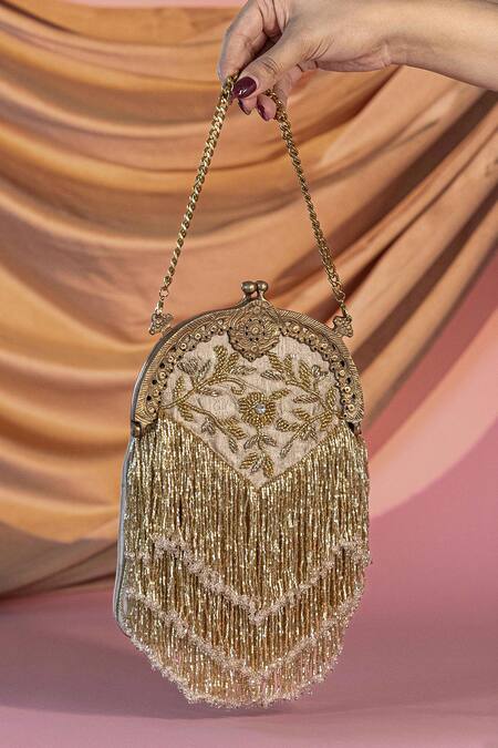 Shop_Be Chic_Gold Embroidery, Tassels Heer Potli With Sling Chain _Online_at_Aza_Fashions
