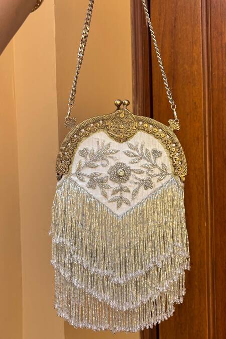 Be Chic_Silver Embroidery, Tassels Heer Potli Bag _Online_at_Aza_Fashions