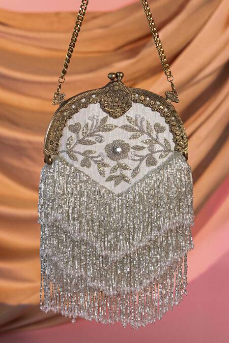 Buy_Be Chic_Silver Embroidery, Tassels Heer Potli Bag _Online_at_Aza_Fashions