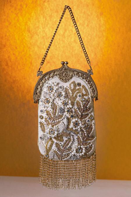 Be Chic_Gold Embroidery, Pearls Designer Sitara Tassel Potli Bag _Online_at_Aza_Fashions