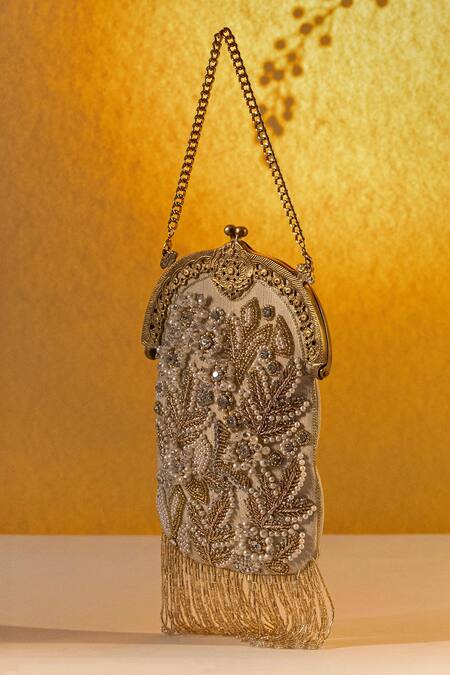 Buy_Be Chic_Gold Embroidery, Pearls Designer Sitara Tassel Potli Bag _Online_at_Aza_Fashions