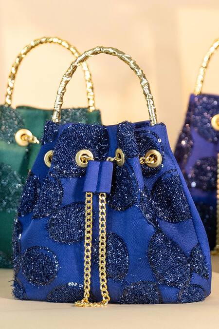 Be Chic_Blue Sequins Designer Satin Bucket Bag _Online_at_Aza_Fashions