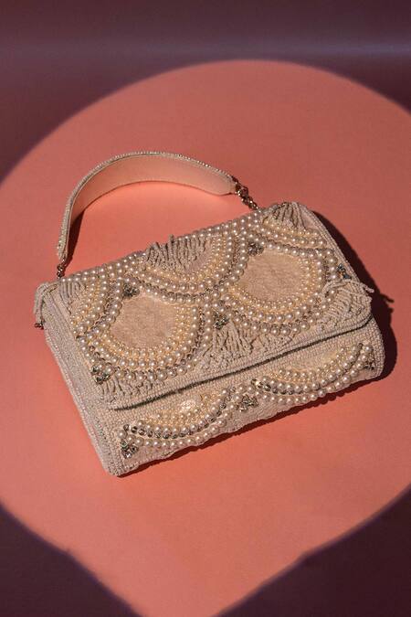 Be Chic_Ivory Beads, Pearls Designer Grace Clutch _Online_at_Aza_Fashions