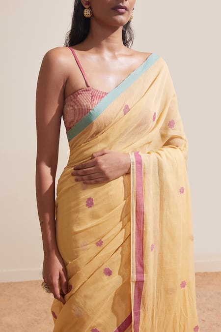 Dressfolk Yellow Cotton Embroidery Handwoven Saree With Running Blouse Online at Aza Fashions Dressfolk_Yellow Cotton Embroidery Handwoven Saree With Running Blouse_Online_at_Aza_Fashions