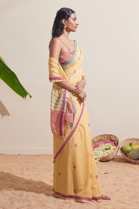 Buy Dressfolk Yellow Cotton Embroidery Handwoven Saree With Running Blouse Online at Aza Fashions Buy_Dressfolk_Yellow Cotton Embroidery Handwoven Saree With Running Blouse_Online_at_Aza_Fashions