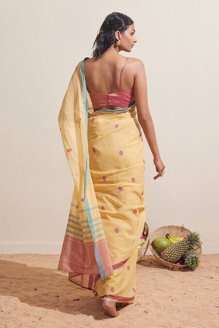 Shop Dressfolk Yellow Cotton Embroidery Handwoven Saree With Running Blouse at Aza Fashions Shop_Dressfolk_Yellow Cotton Embroidery Handwoven Saree With Running Blouse_at_Aza_Fashions