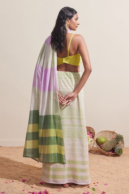 Dressfolk Green & Purple Handwoven Cotton Saree with Running Blouse 