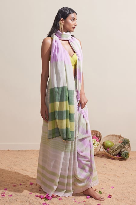 Buy_Dressfolk_Green Cotton And Purple Handwoven Saree With Running Blouse _Online_at_Aza_Fashions