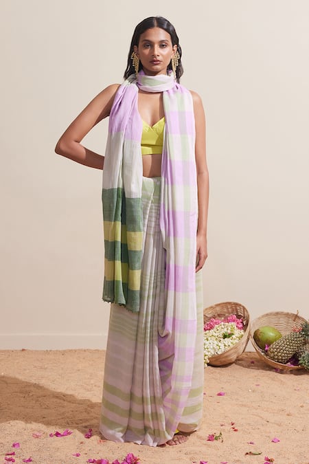 Dressfolk Green & Purple Handwoven Cotton Saree 