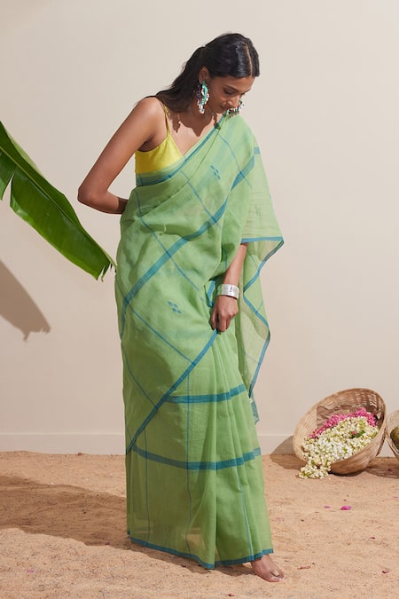Dressfolk_Green Cotton And Blue Handwoven Saree With Running Blouse _Online_at_Aza_Fashions