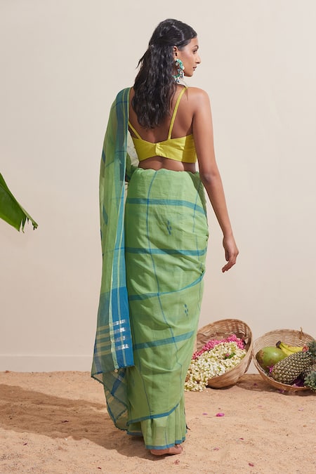Dressfolk Green & Blue Handwoven Cotton Saree with Running Blouse 