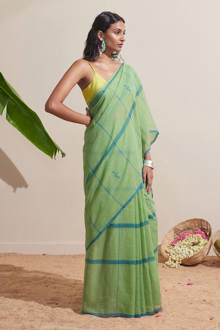 Buy_Dressfolk_Green Cotton And Blue Handwoven Saree With Running Blouse _Online_at_Aza_Fashions