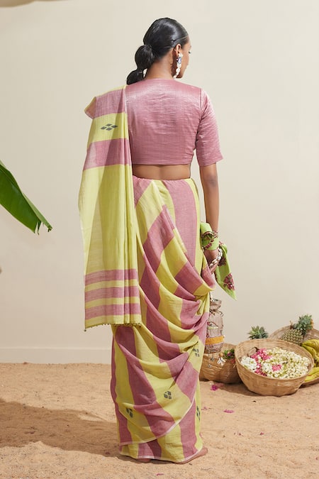 Dressfolk Purple & Lime Green Striped Saree with Running Blouse 