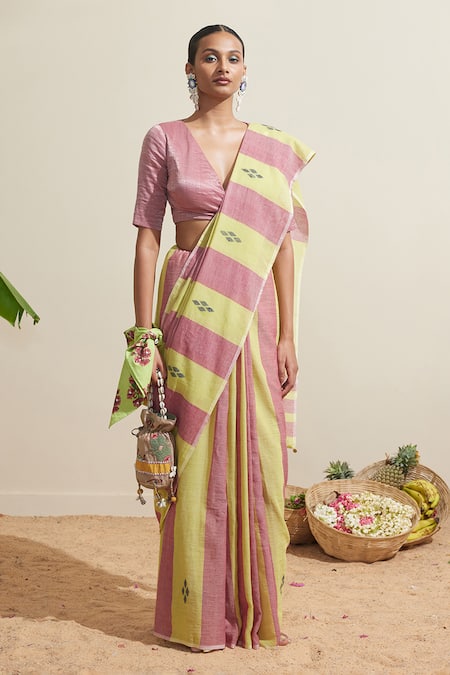 Dressfolk_Purple Cotton And Lime Green Striped Saree With Running Blouse _Online_at_Aza_Fashions