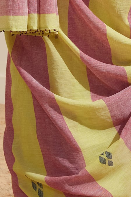 Buy_Dressfolk_Purple Cotton And Lime Green Striped Saree With Running Blouse _Online_at_Aza_Fashions