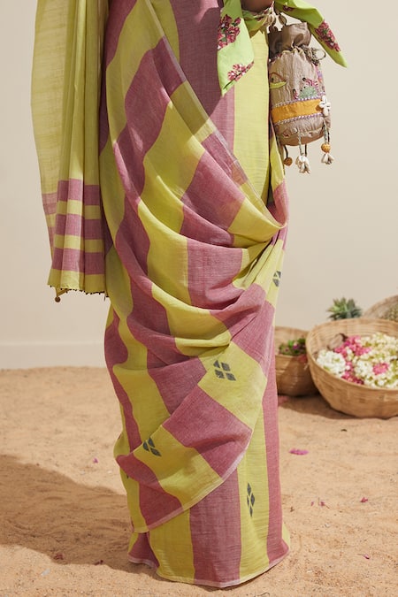 Dressfolk_Purple Cotton And Lime Green Striped Saree With Running Blouse _at_Aza_Fashions