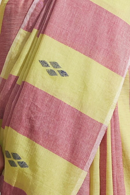 Buy_Dressfolk_Purple Cotton And Lime Green Striped Saree With Running Blouse 