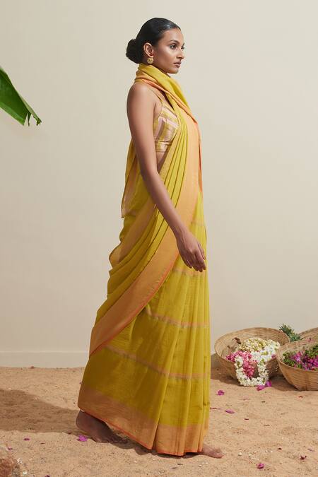Buy_Dressfolk_Yellow Cotton And Pink Designer Saree With Running Blouse_Online_at_Aza_Fashions
