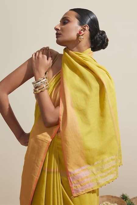 Shop_Dressfolk_Yellow Cotton And Pink Designer Saree With Running Blouse_Online_at_Aza_Fashions