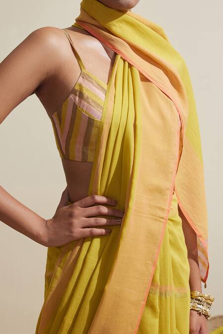 Buy_Dressfolk_Yellow Cotton And Pink Designer Saree With Running Blouse