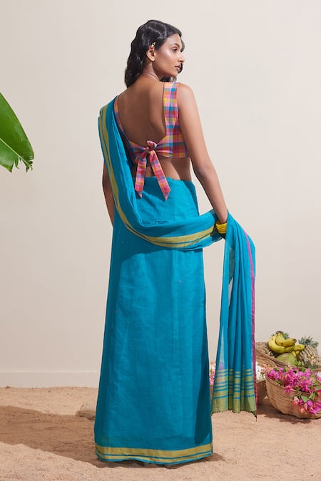 Dressfolk Blue Handwoven Designer Saree Set with Running Blouse 