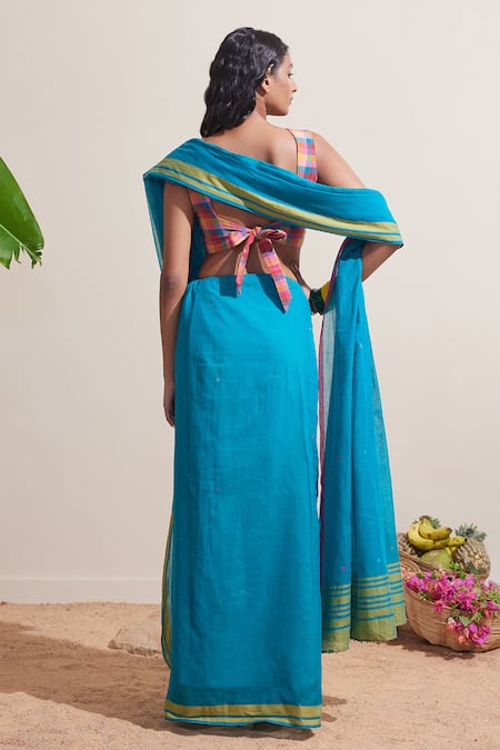 Shop Dressfolk Blue Cotton Handwoven Designer Saree Set With Running Blouse Online at Aza Fashions Shop_Dressfolk_Blue Cotton Handwoven Designer Saree Set With Running Blouse _Online_at_Aza_Fashions